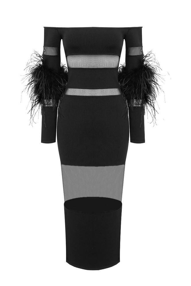 Tammy Feather Splicing Midi Bandage Dress-Sunfere