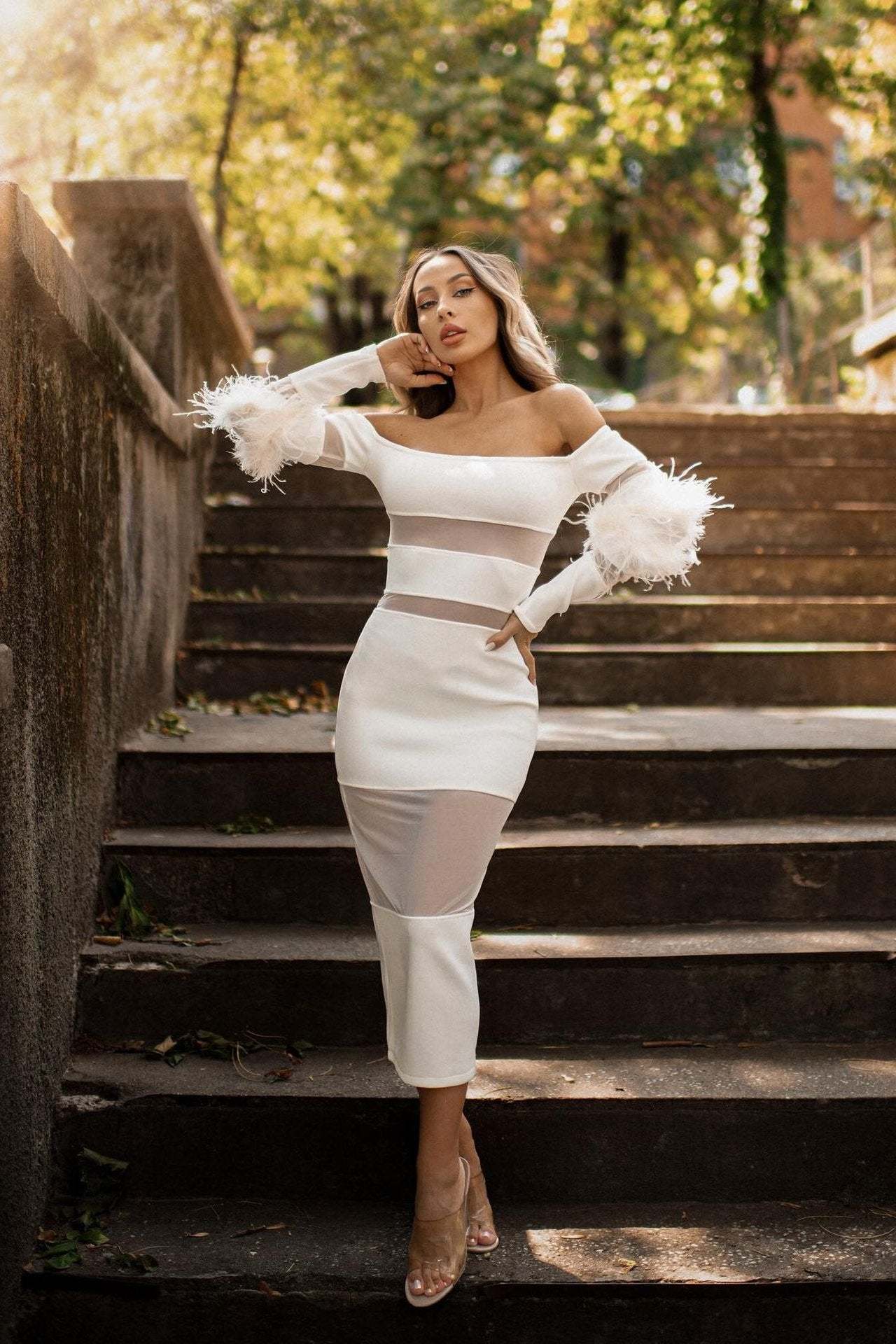 Tammy Feather Splicing Midi Bandage Dress-Sunfere