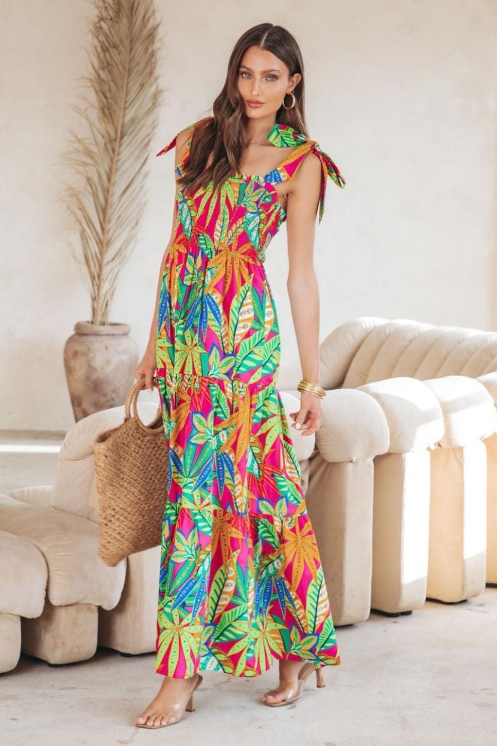 dresses-Thirza Printed Bow-tie Shirred Maxi Dress-SD0020706770-Green-S - Sunfere