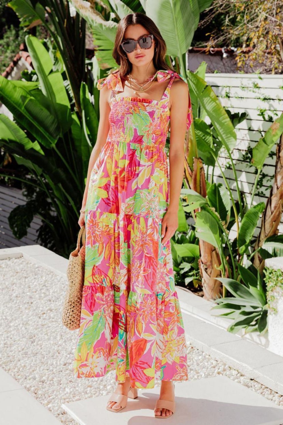 dresses-Thirza Printed Bow-tie Shirred Maxi Dress-SD0020706770-Pink-S - Sunfere