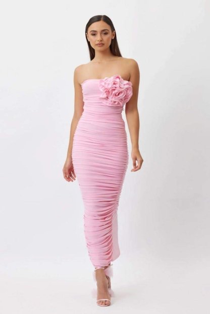 dresses-Tina Flower Strapless Midi Dress-SD00604012588-Pink-S - Sunfere