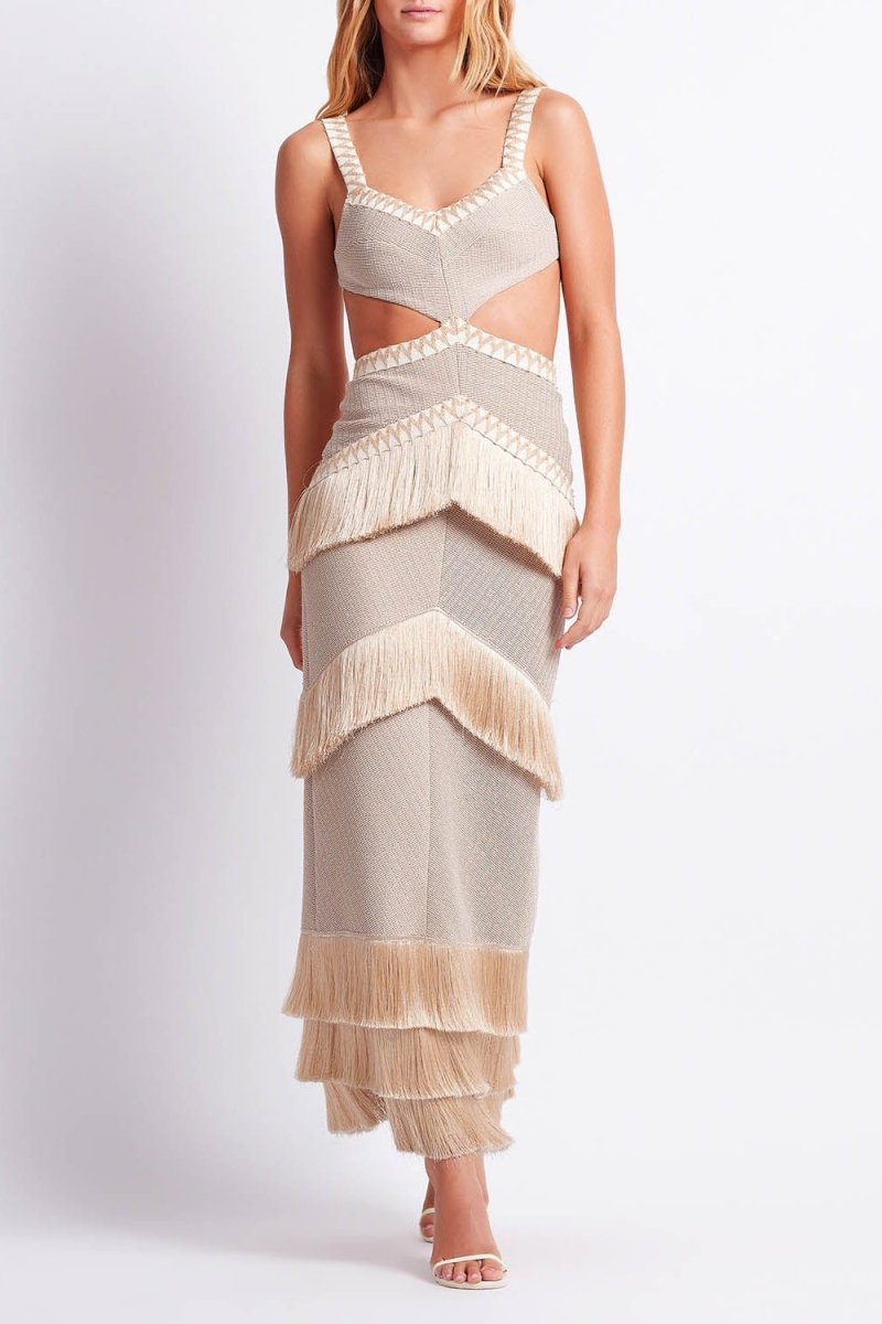 Valentina Cut-out Fringe Knit Maxi Dress-Sunfere