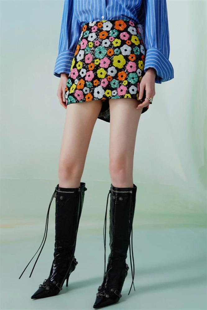 Vera Floral Sequins Mini Skirt-Sunfere