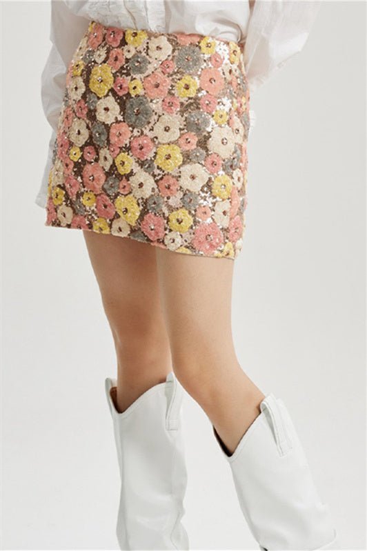 Vera Floral Sequins Mini Skirt-Sunfere