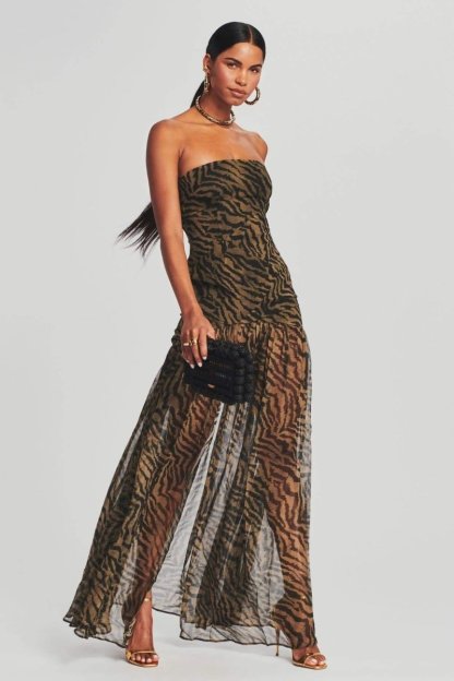 dresses-Viola Tiger Stripe Slit Sheer Maxi Dress-SD00604022607-Brown-S - Sunfere