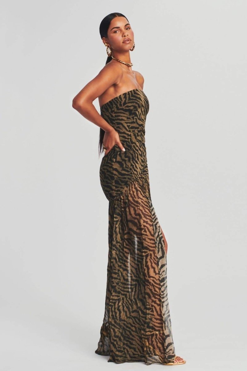 Viola Tiger Stripe Slit Sheer Maxi Dress-Sunfere