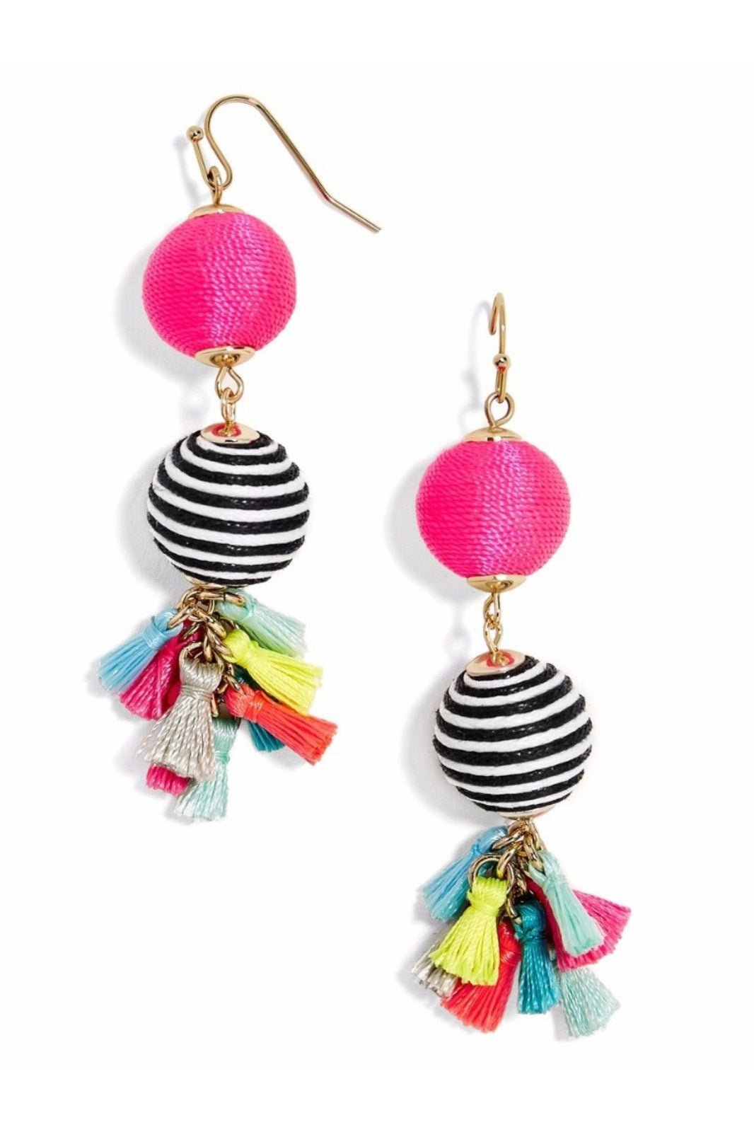 Weave Contrast Ball Tassel Earrings