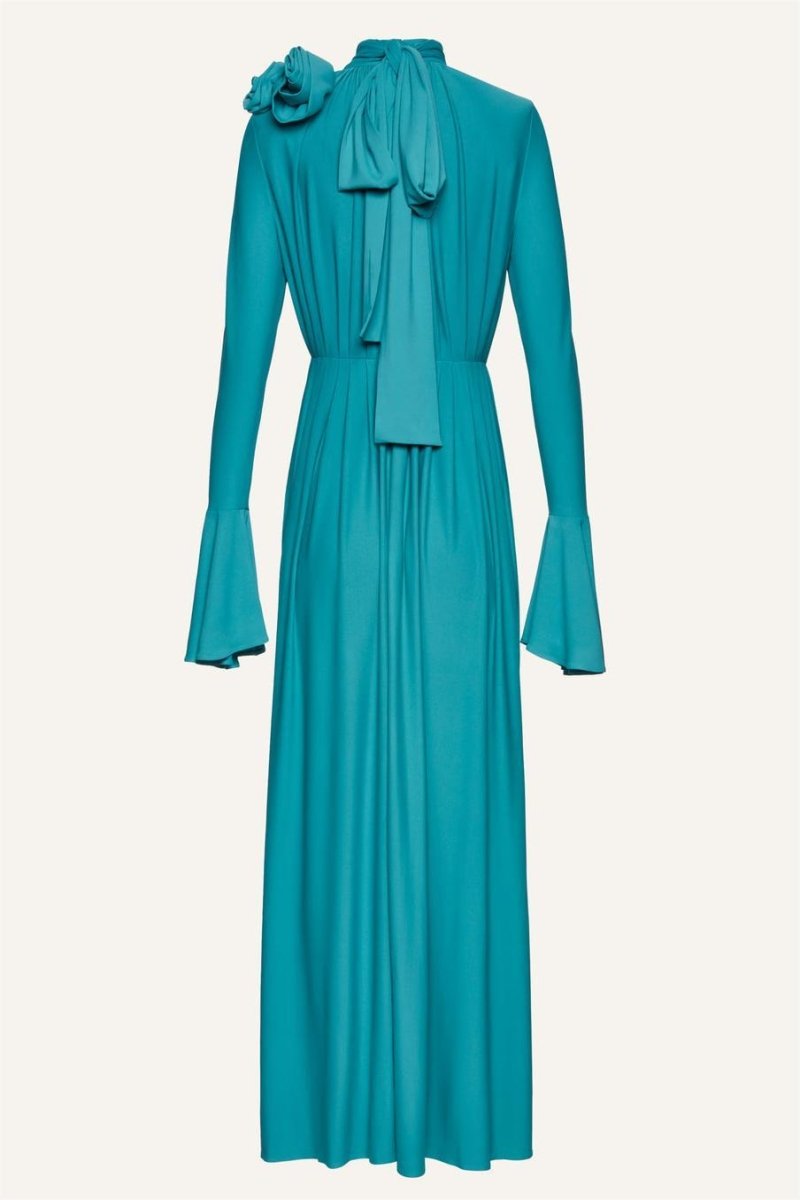 Yedda Flower Trimmed V-Neckline Pleated Slit Maxi Dress-Sunfere