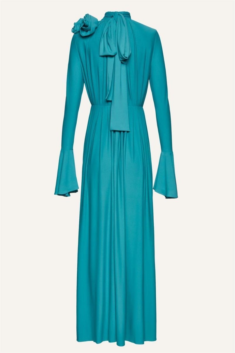 Yedda Flower Trimmed V-Neckline Pleated Slit Maxi Dress-Sunfere