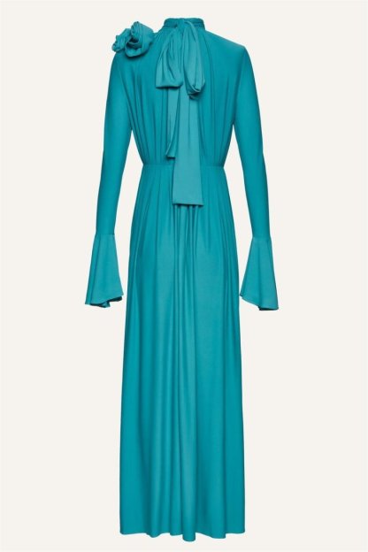 Yedda Flower Trimmed V-Neckline Pleated Slit Maxi Dress-Sunfere