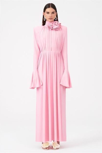 Yedda Flower Trimmed V-Neckline Pleated Slit Maxi Dress-Sunfere