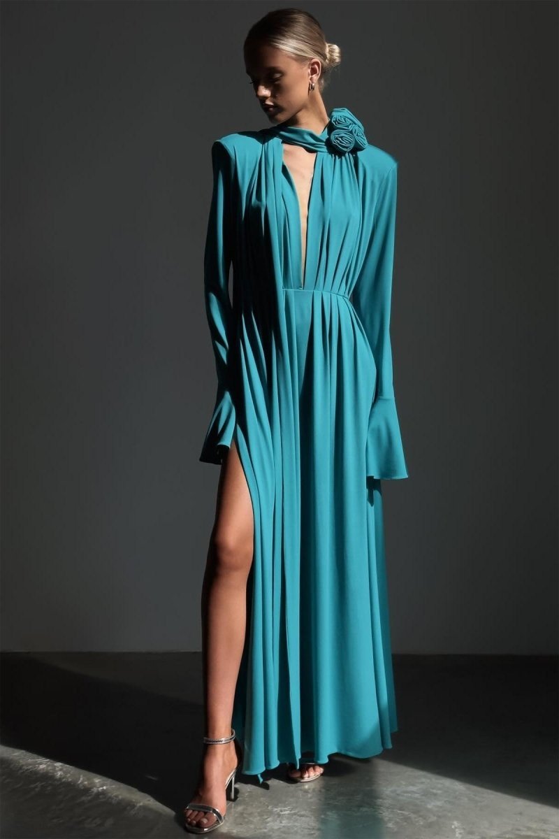 Yedda Flower Trimmed V-Neckline Pleated Slit Maxi Dress-Sunfere