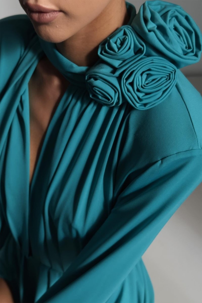 Yedda Flower Trimmed V-Neckline Pleated Slit Maxi Dress-Sunfere