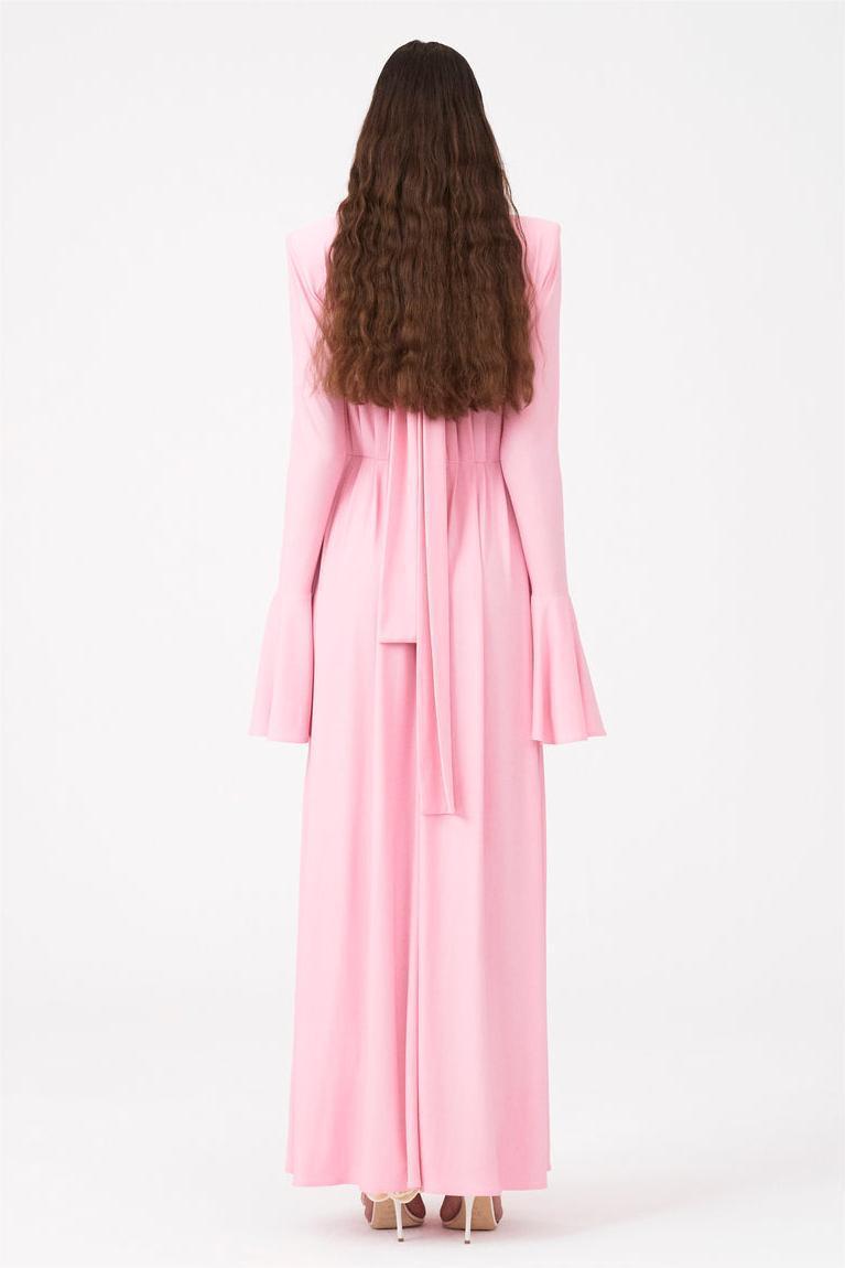 Yedda Flower Trimmed V-Neckline Pleated Slit Maxi Dress-Sunfere