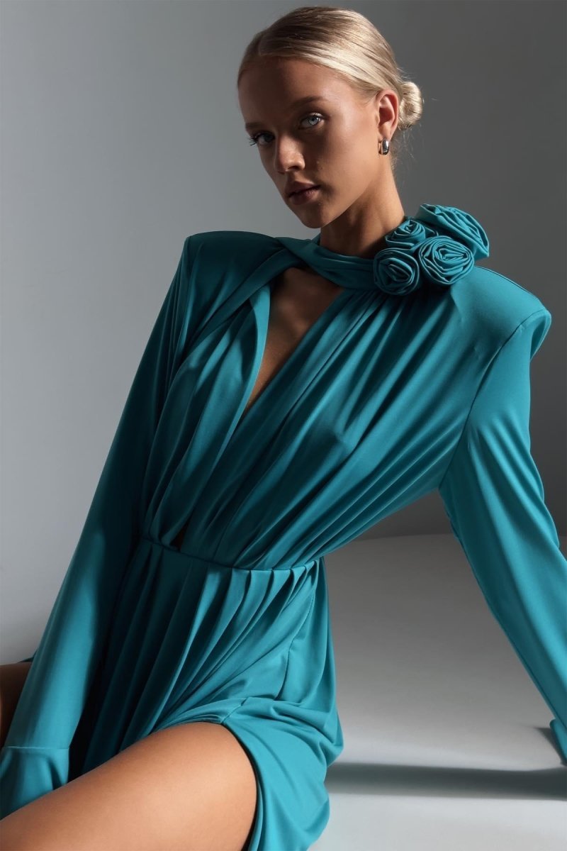 Yedda Flower Trimmed V-Neckline Pleated Slit Maxi Dress-Sunfere