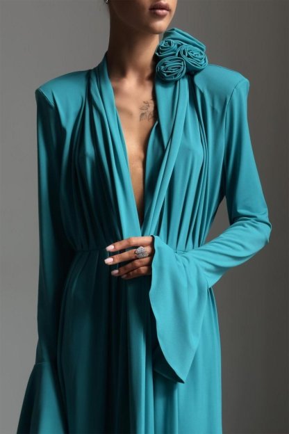 Yedda Flower Trimmed V-Neckline Pleated Slit Maxi Dress-Sunfere