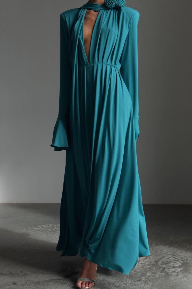 Yedda Flower Trimmed V-Neckline Pleated Slit Maxi Dress-Sunfere