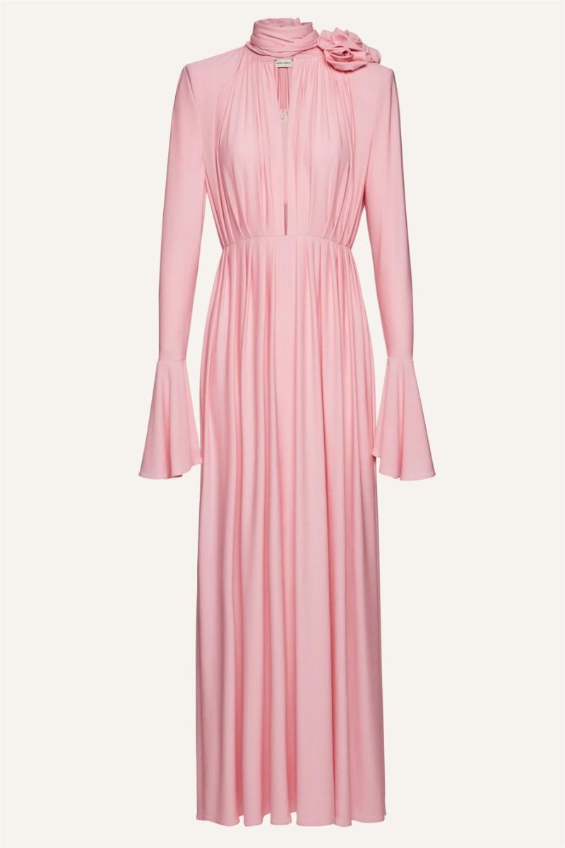 Yedda Flower Trimmed V-Neckline Pleated Slit Maxi Dress-Sunfere