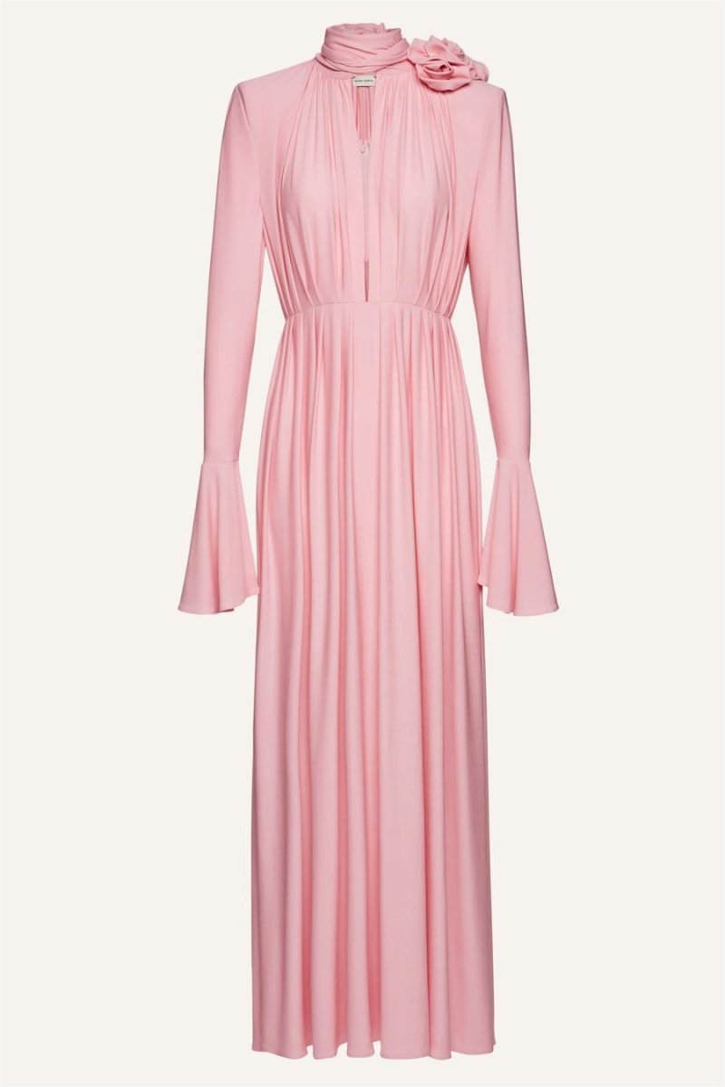 Yedda Flower Trimmed V-Neckline Pleated Slit Maxi Dress-Sunfere
