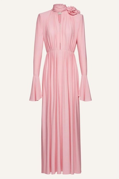 Yedda Flower Trimmed V-Neckline Pleated Slit Maxi Dress-Sunfere