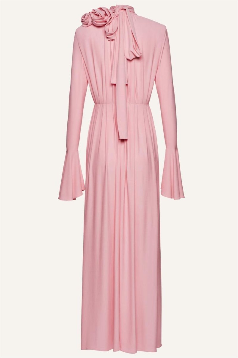 Yedda Flower Trimmed V-Neckline Pleated Slit Maxi Dress-Sunfere