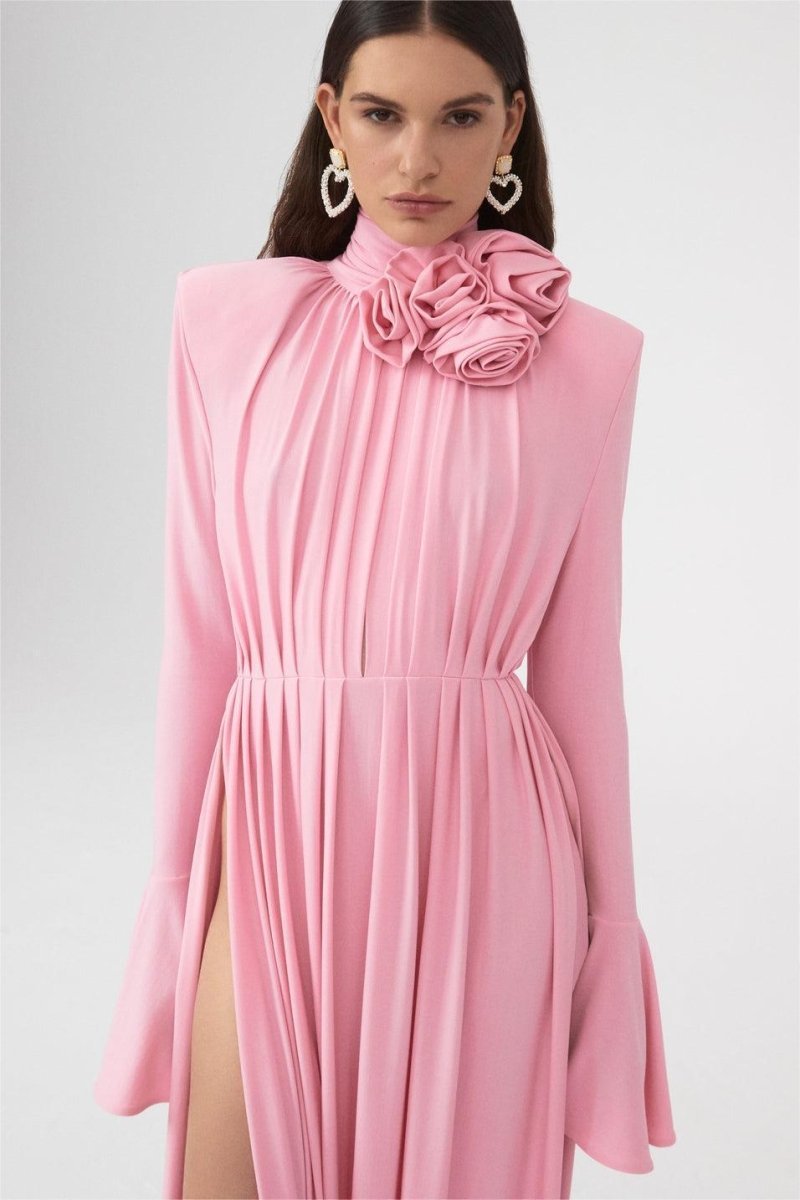 Yedda Flower Trimmed V-Neckline Pleated Slit Maxi Dress-Sunfere