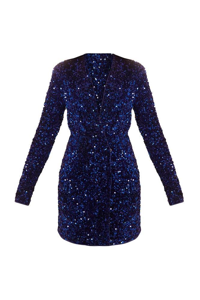 -Yedda V-neck Sequins Blazer Mini Dress-SD00212062022-Blue-S - Sunfere