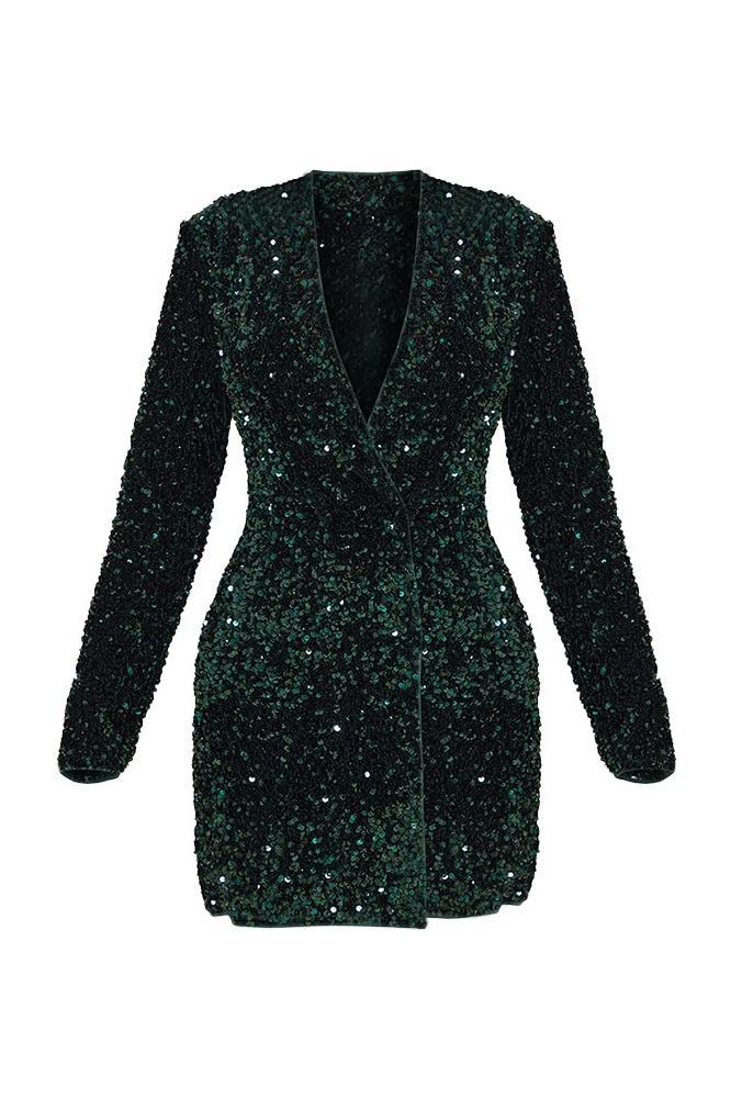 -Yedda V-neck Sequins Blazer Mini Dress-SD00212062022-Green-S - Sunfere