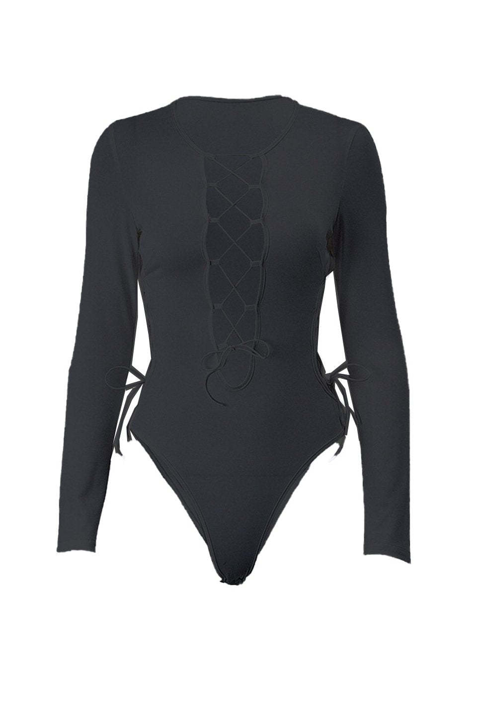 -Yetta V-neck Lace Up Bodysuit-SJ00211061844-Black-S - Sunfere