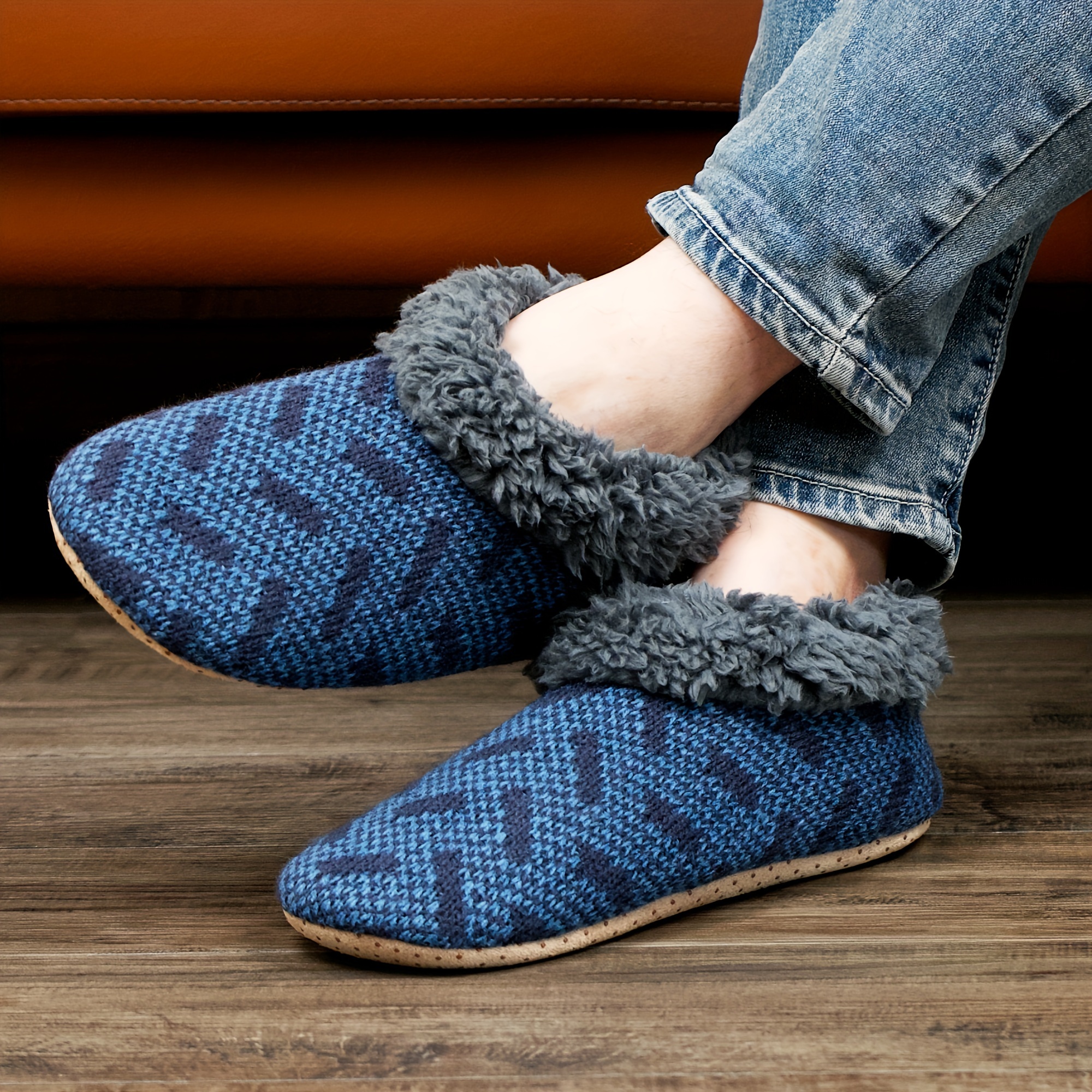 mens knit fabric warm home slippers fuzz lined soft sole slip on indoor shoes mens bedroom slippers spring autumn and winter details 4