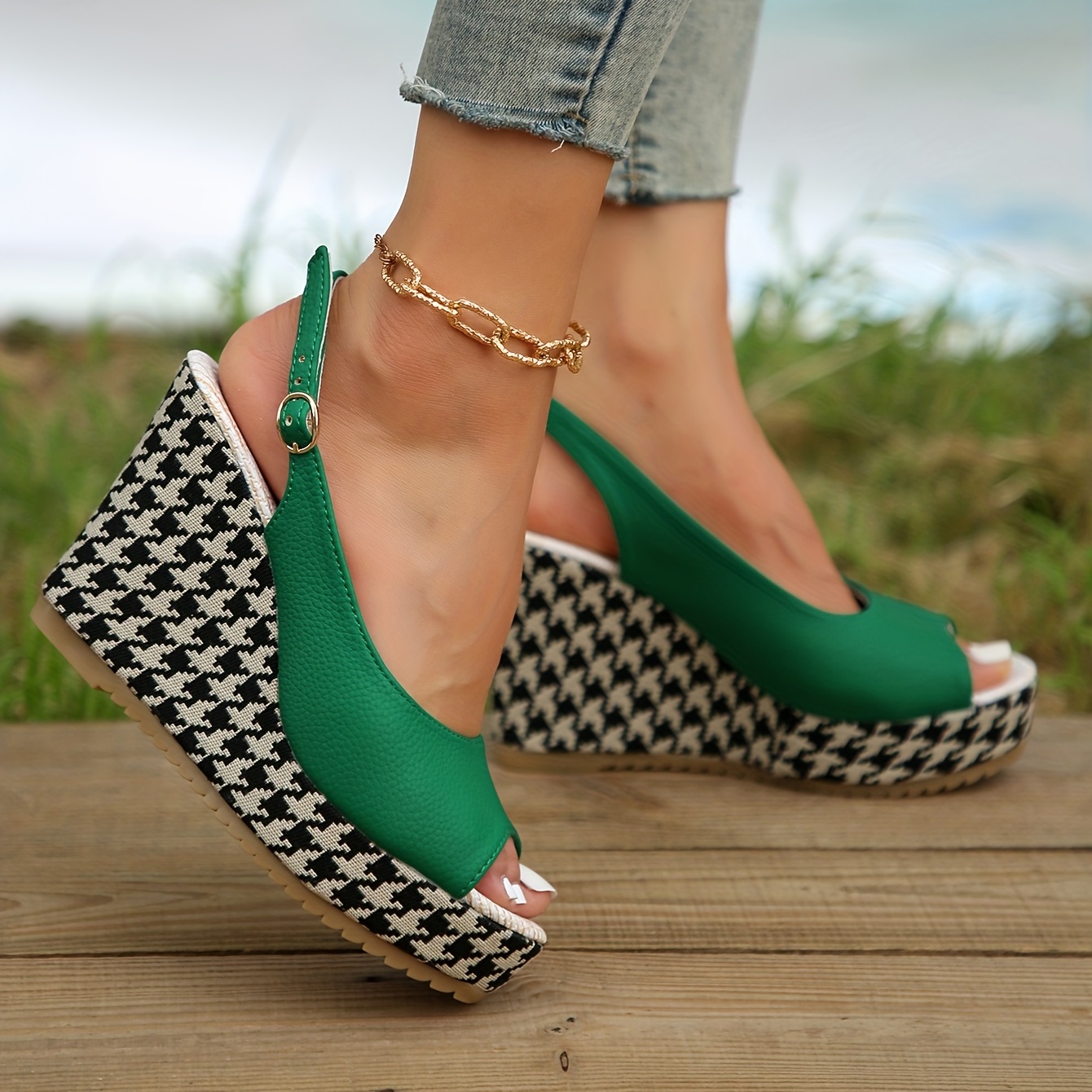 platform wedge houndstooth sandals solid color peep toe ankle buckle strap slingback shoes casual party sandals details 7