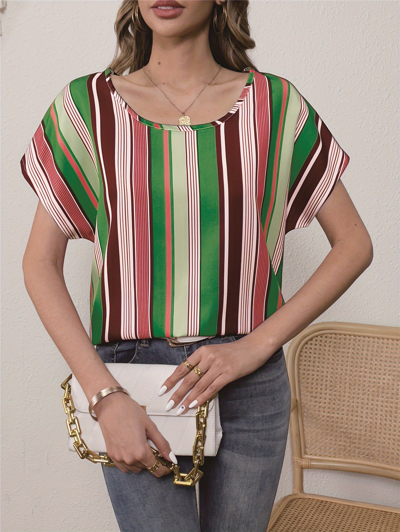 colorful striped blouse elegant crew neck short sleeve comfy blouse womens clothing details 9
