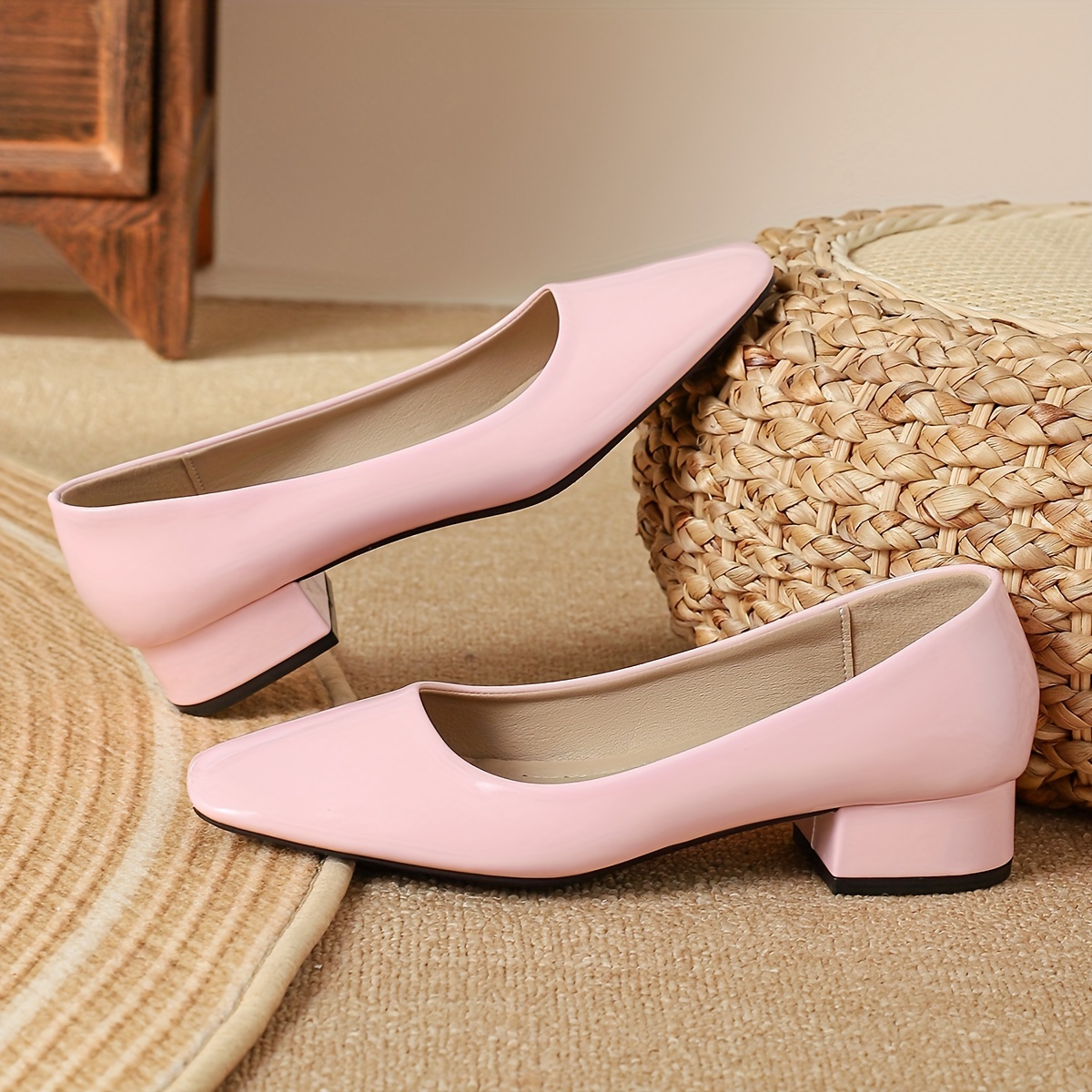 womens square toe chunky heels solid color slip on patent leather shoes all match work shoes details 2