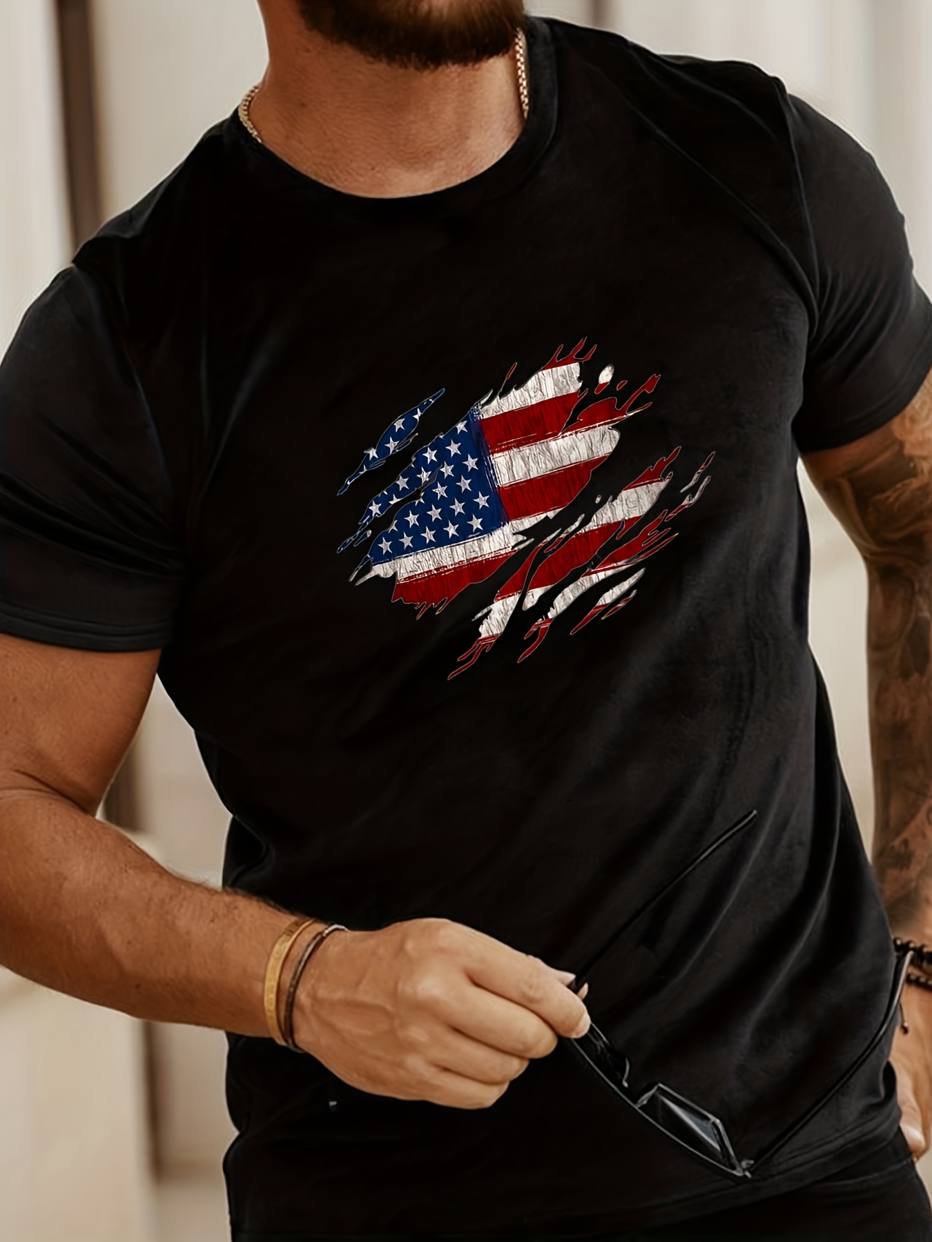 trendy american flag pattern print mens comfy chic t shirt graphic tee mens summer outdoor clothes mens clothing tops for men gift for men details 0