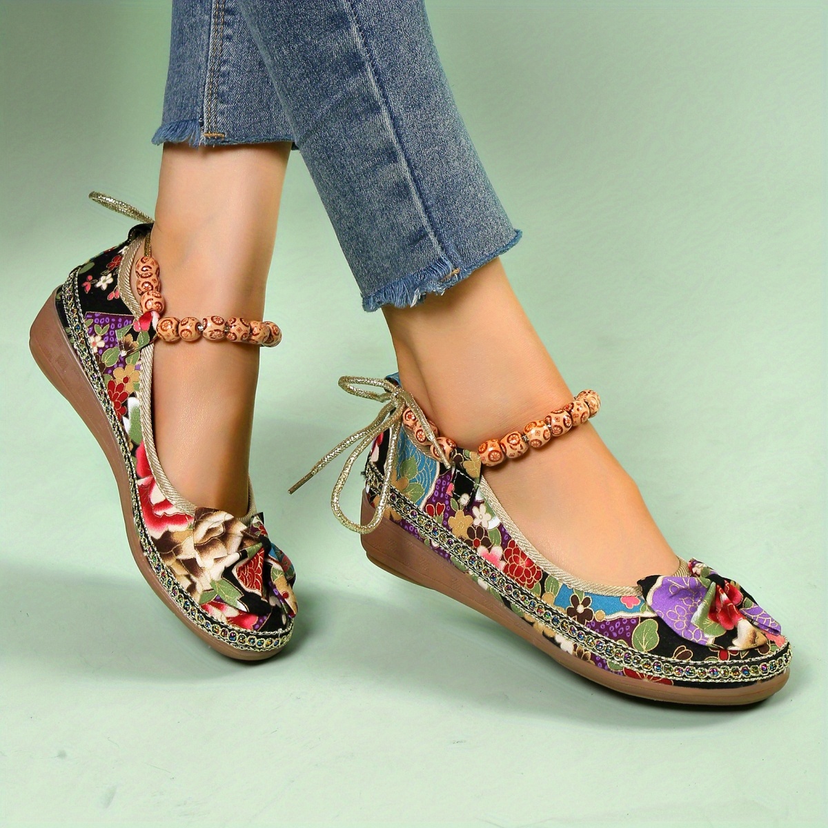 womens fashion bowknot decor linen flat shoes colorful beaded strap slip on wedge shoes ethnic style shoes details 4