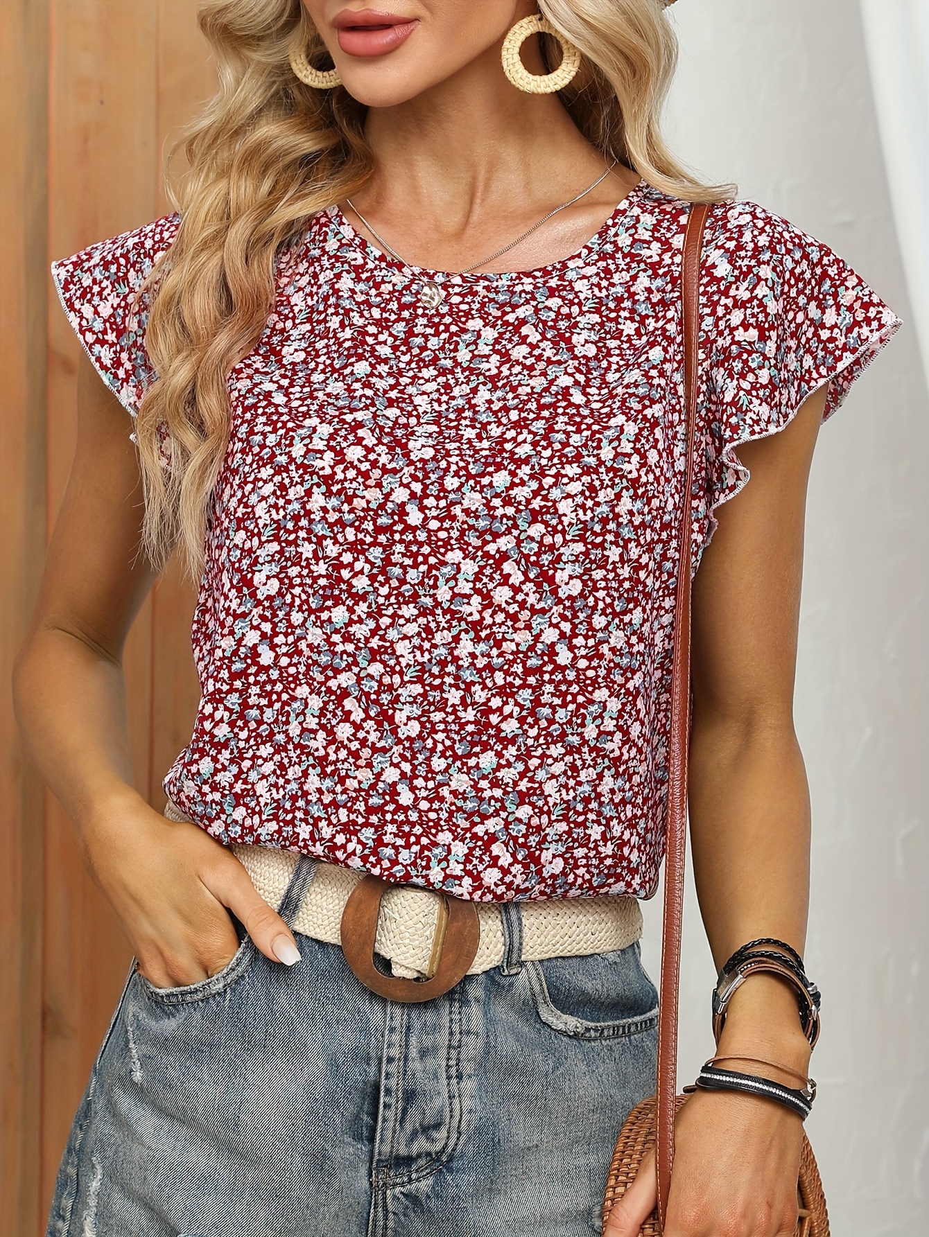 ditsy floral print blouse casual crew neck ruffle sleeve blouse womens clothing details 14