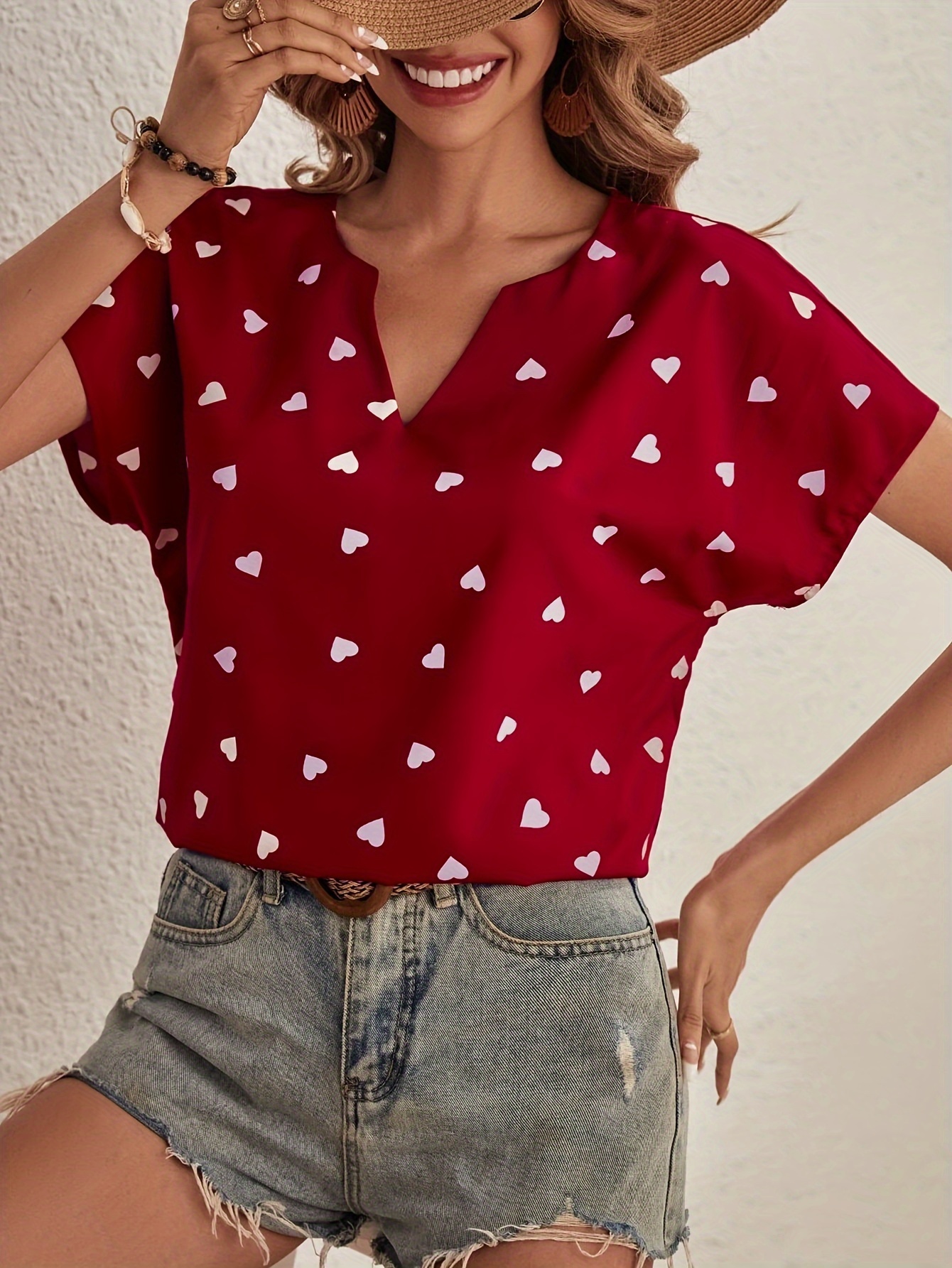 heart print notched neck blouse sweet short sleeve blouse for spring summer womens clothing details 0