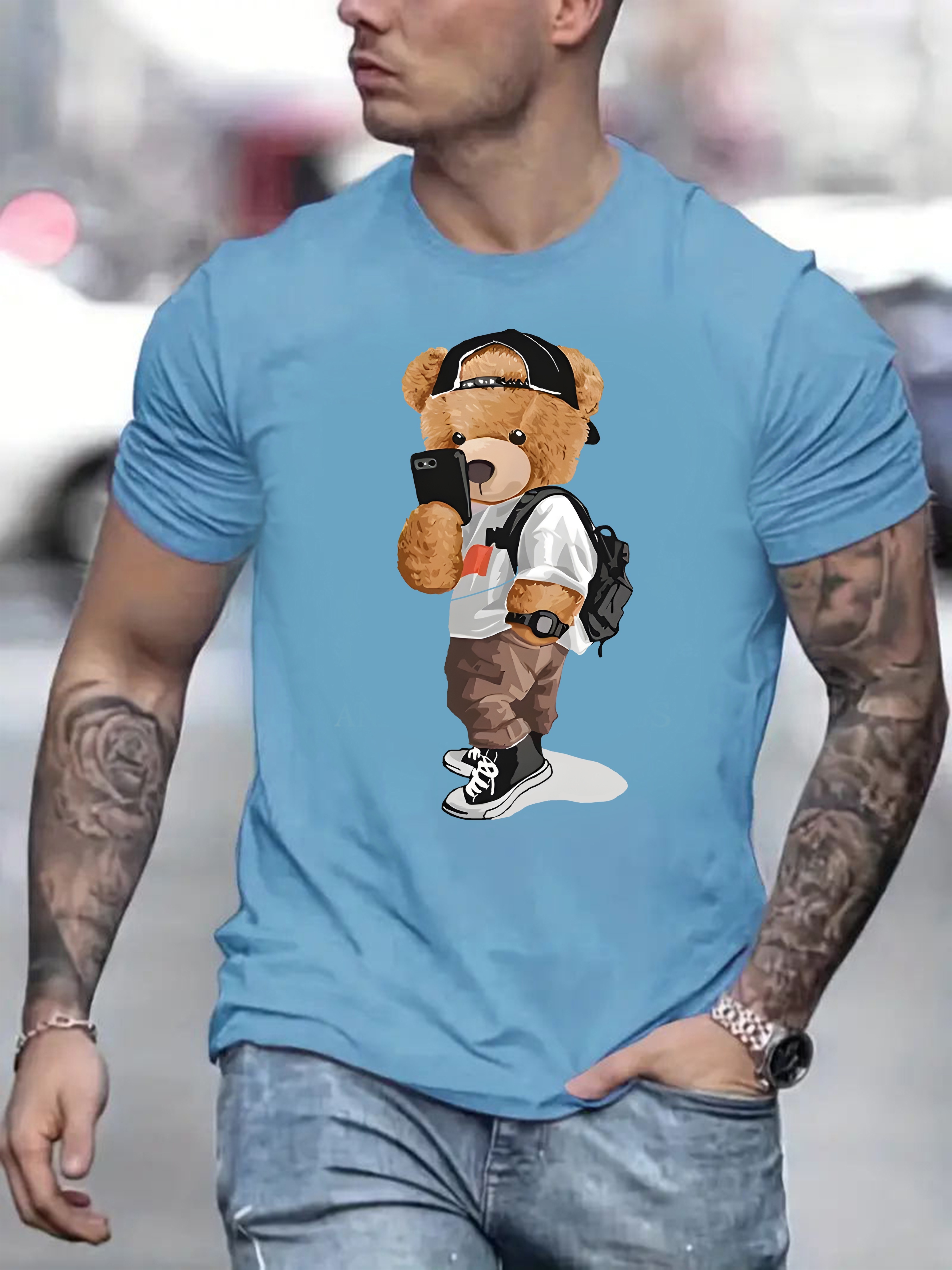 mens crew neck regular fit selfie bear pattern short sleeve vintage t shirt loose casual top for spring summer holiday details 10