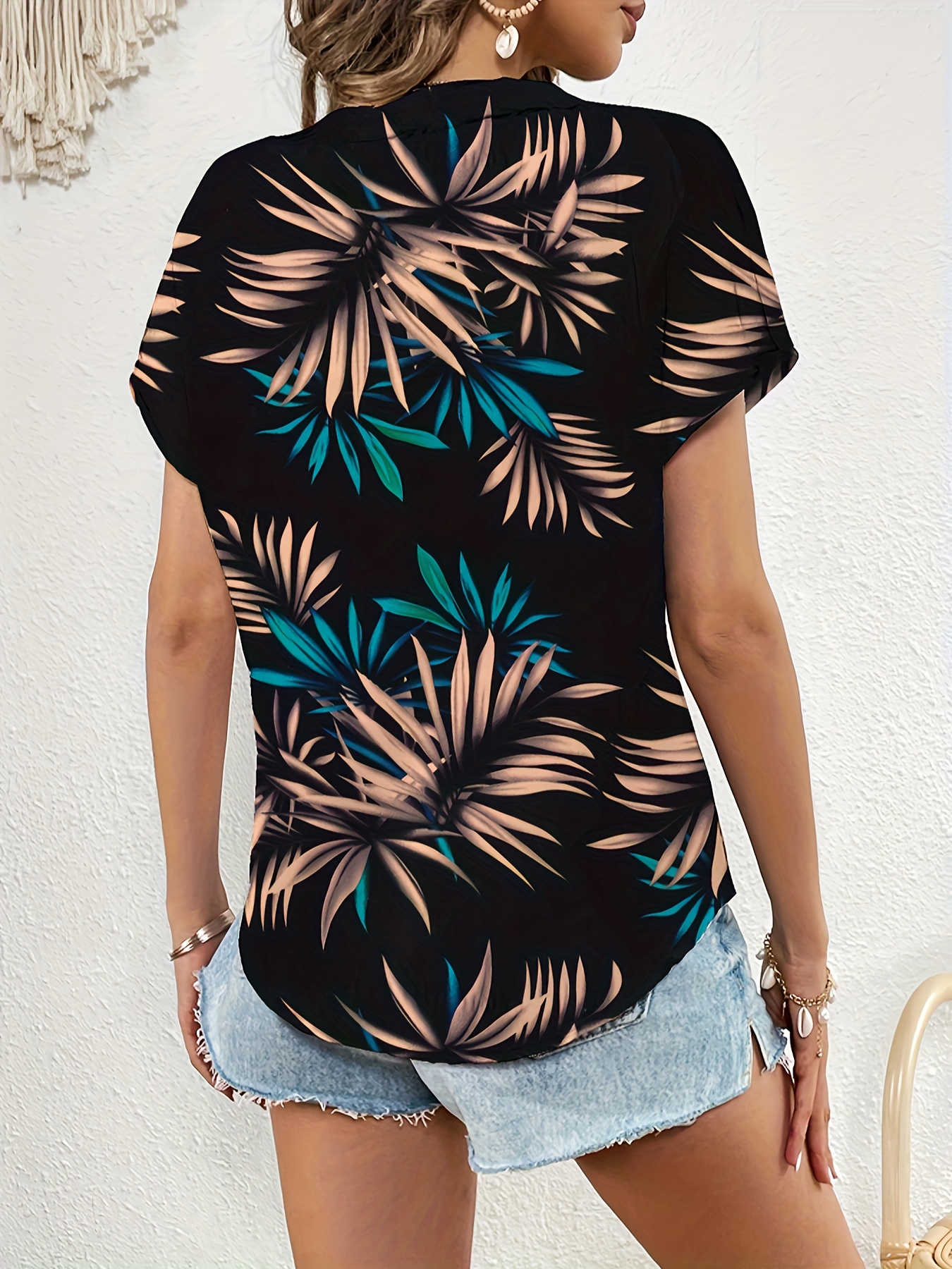 plant print blouse casual v neck short sleeve summer blouse womens clothing details 11