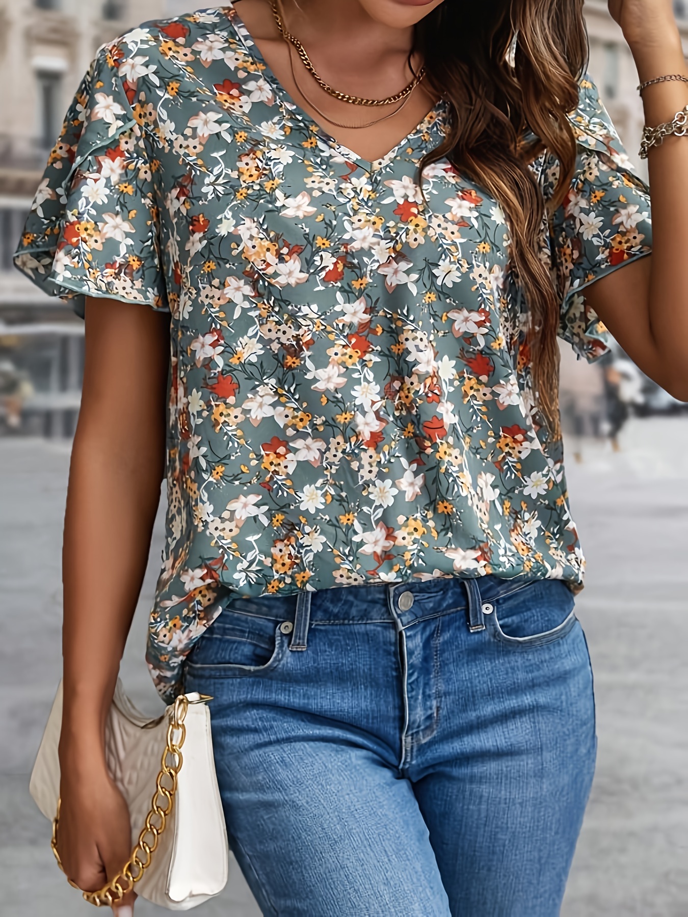 allover print v neck blouse elegant short sleeve blouse for spring summer womens clothing details 4
