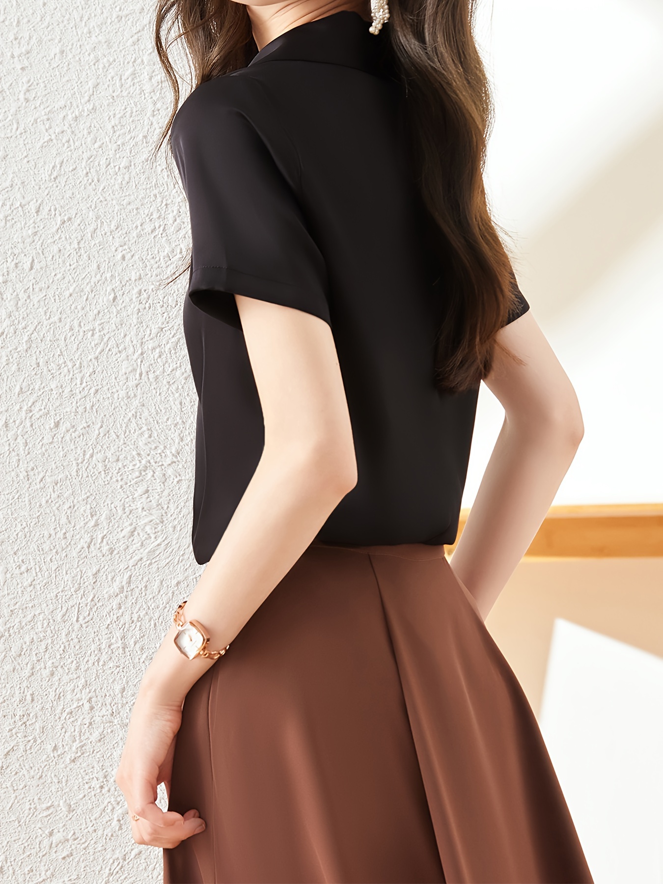 solid v neck simple blouse elegant short sleeve blouse for spring summer womens clothing details 9