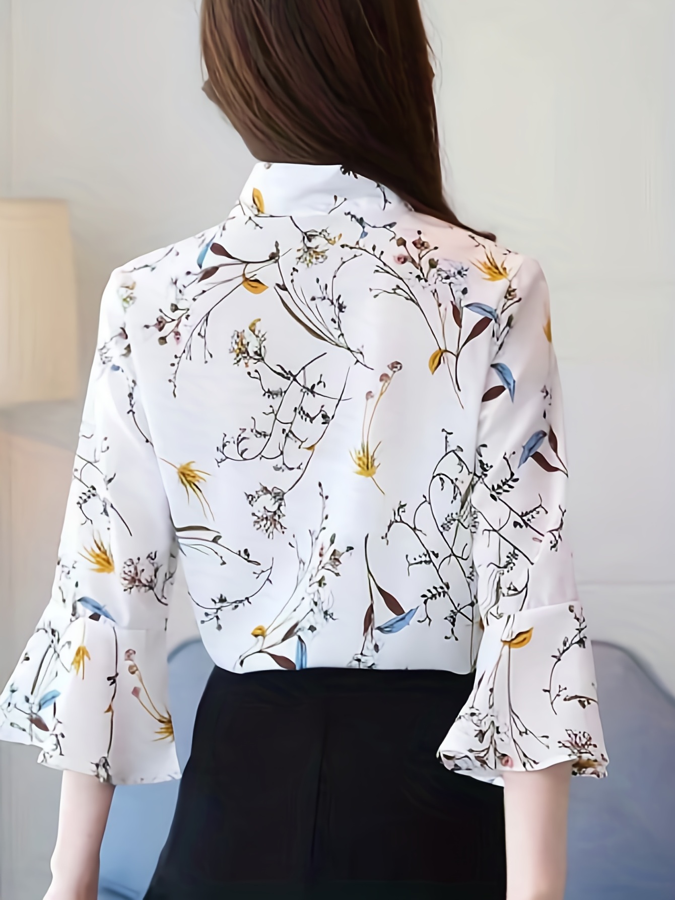 floral print tie neck blouse elegant flared sleeve work blouse womens clothing details 0