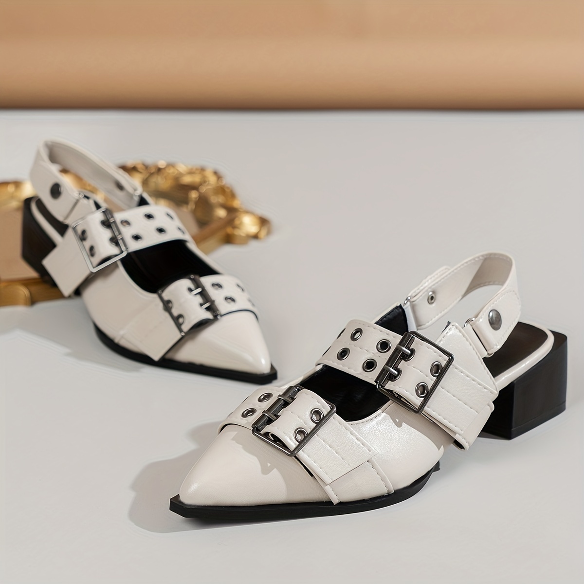 womens solid color trendy sandals buckle decor strap casual chunky heel slides shoes point toe summer comfy shoes details 9