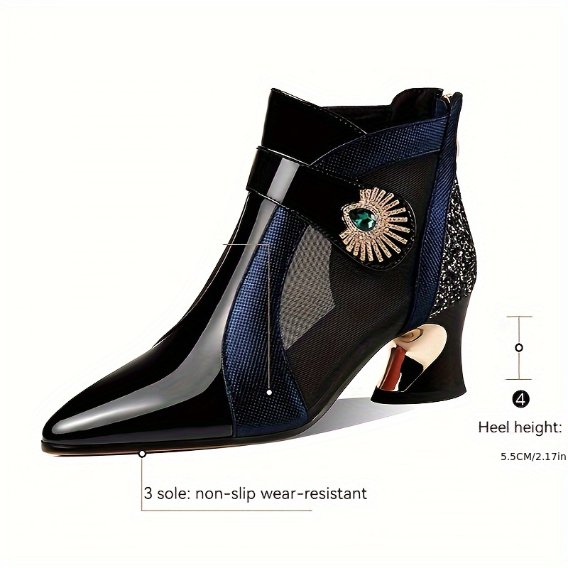 womens colorblock trendy mesh shoes rhinestone buckle casual chunky heel sequins shoes point toe versatile slim boots for carnaval details 7