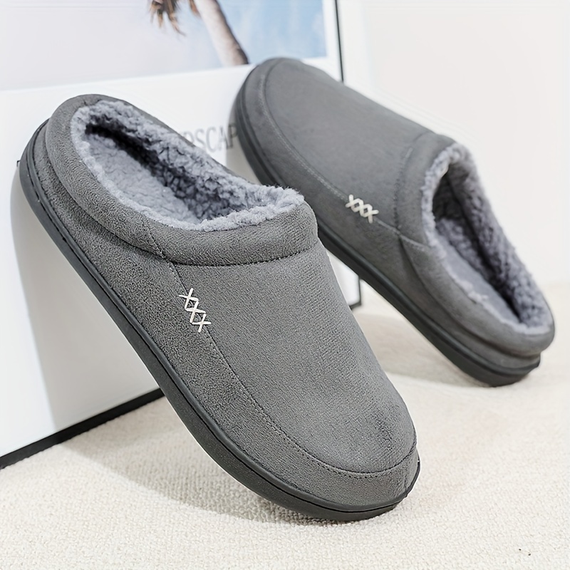 plus size mens solid cozy house slippers lightweight breathable anti skid fuzz lined slip on shoes for indoor walking autumn and winter details 3