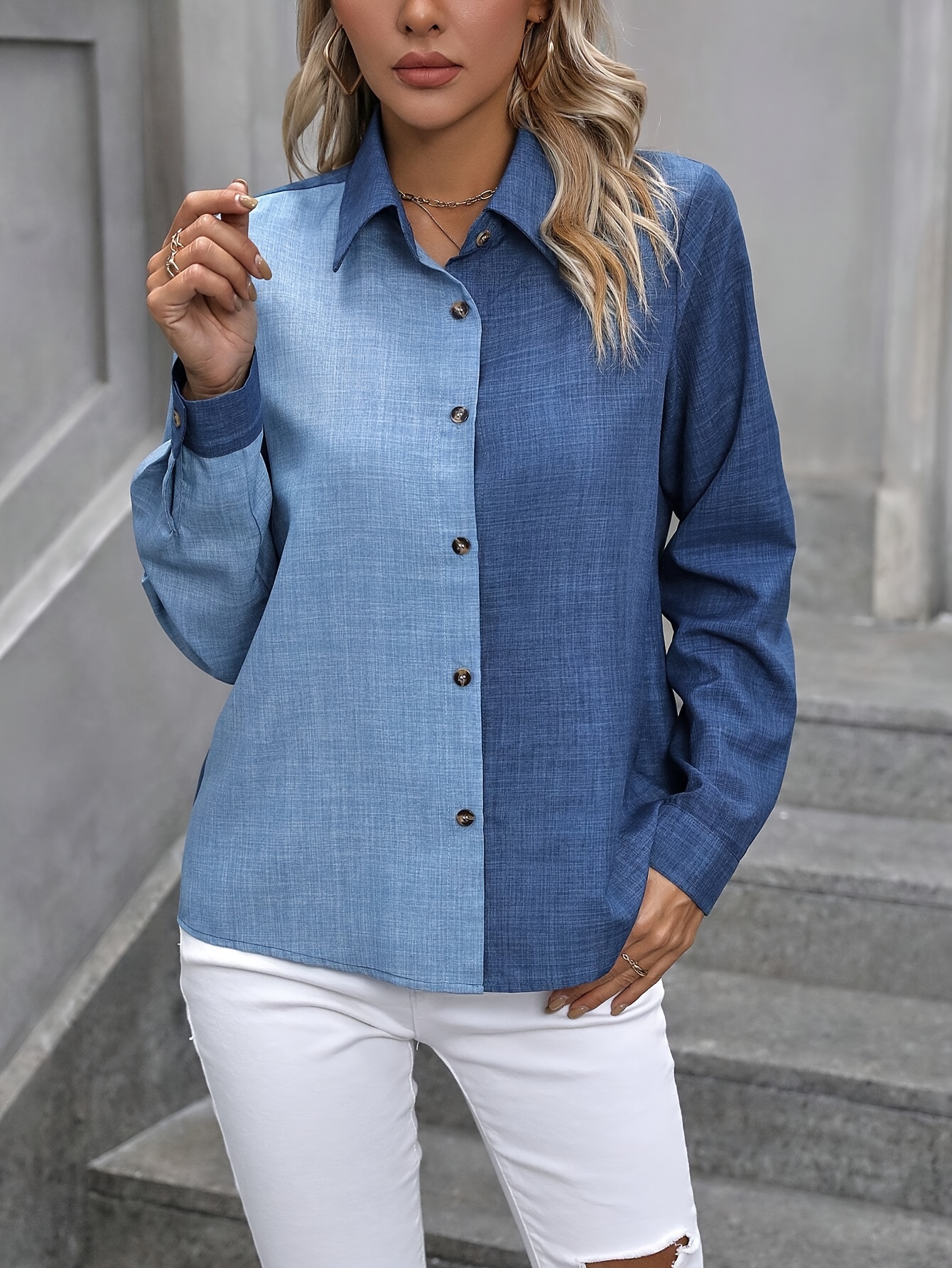 color block button front shirt elegant long sleeve lapel collar shirt womens clothing details 2