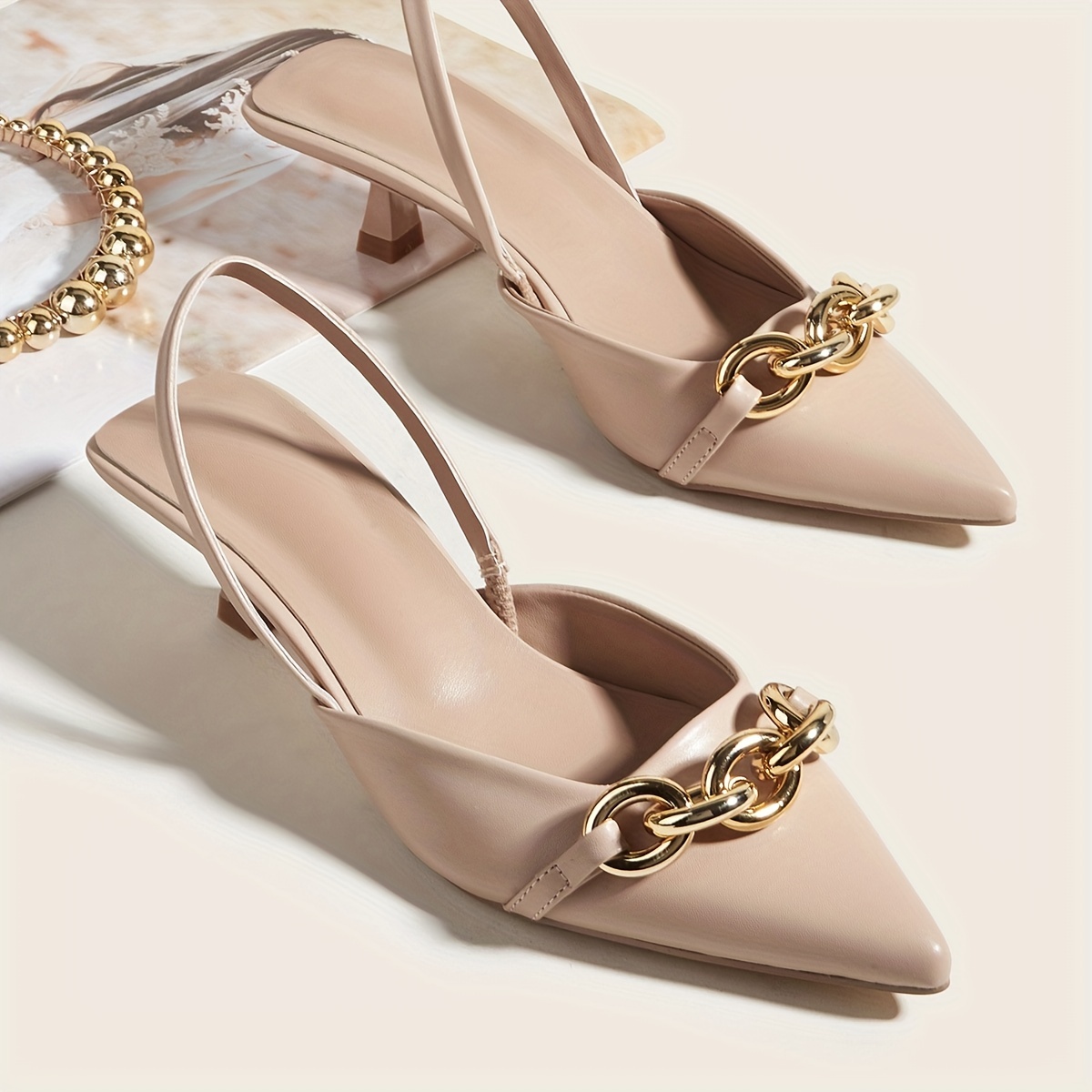 womens slingback kitten heels metallic chain decor pointed toe slip on sandals solid color dress low heels details 2