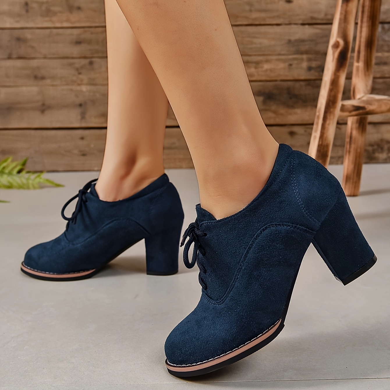womens solid color trendy shoes lace up shallow mouth chunky heel casual shoes versatile round toe shoes details 8