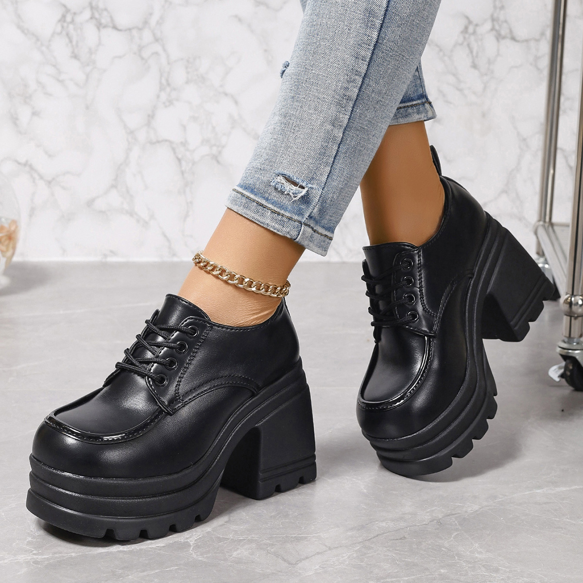 womens platform chunky heels solid color lace up low top pumps fashion all match womens high heels details 4