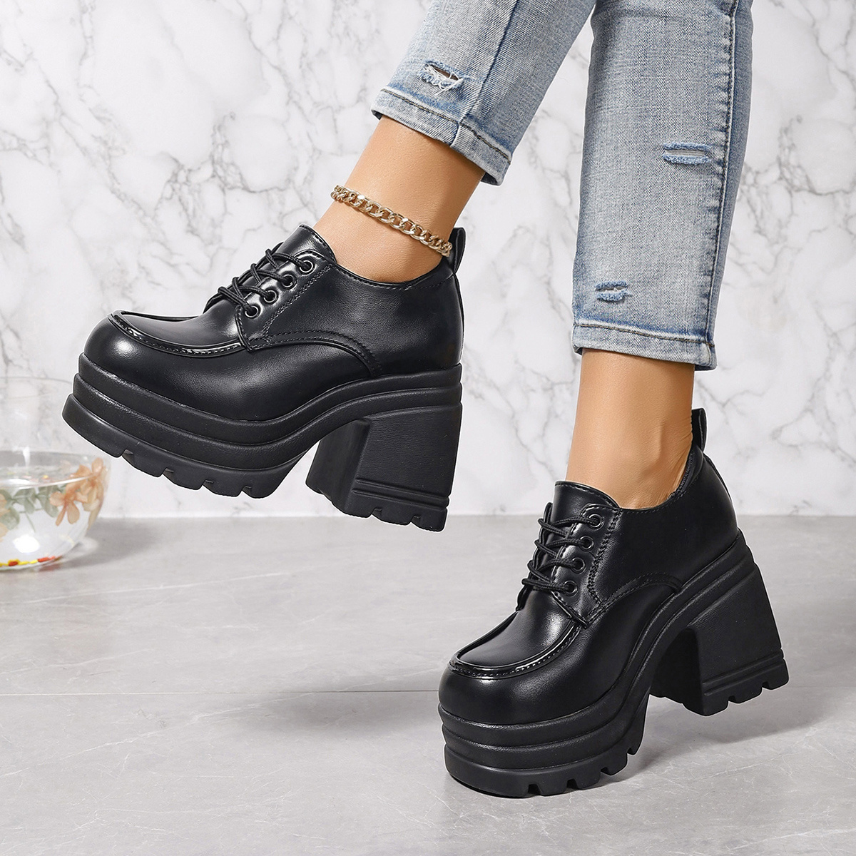 womens platform chunky heels solid color lace up low top pumps fashion all match womens high heels details 3